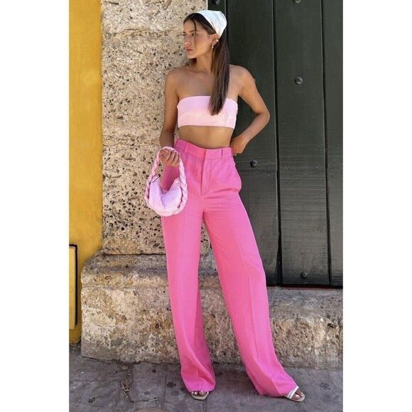 NWOT ZARA Womens Bubble Gum Pink Wide Leg Pants - Picture 4 of 4
